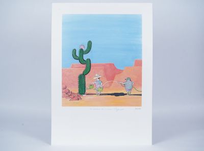 a painting of a cactus and a man walking a dog in the desert