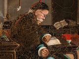 an image of a painting of a woman sitting on a chair reading a book