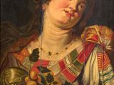 an oil painting of a woman holding a tray of fruit