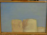 une peinture à l'huile représentant un paysage désertique avec un ciel bleu en arrière-plan
