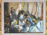 a painting of a group of people hanging clothes on a clothes line