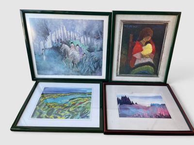 three framed paintings of a woman and two sheep in a field