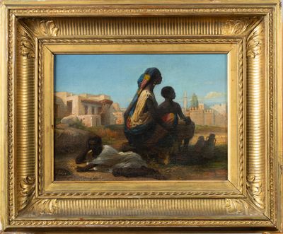 an oil painting of two women sitting on a hill with a dog