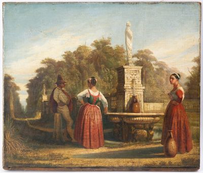 une image représentant un tableau où l'on voit un groupe de personnes rassemblées autour d'une fontaine