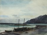 a painting of boats on the shore of the water