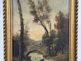 une peinture à l'huile représentant un pont enjambant une rivière dans un cadre boisé