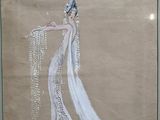 painting of a woman in a white dress with a long veil and a tiable