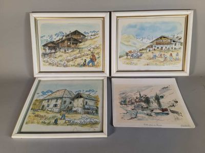 quatre aquarelles encadrées représentant une scène de vie à la ferme