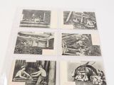 six black and white photographs of men working in a factory