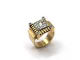 a close up of a gold ring with diamonds on a white background