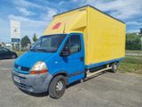 a blue truck with a yellow box on the back of it