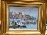 une peinture représentant une scène portuaire avec des bateaux dans l'eau