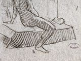 drawing of a woman sitting on a bed with her legs crossed