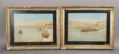 two framed pictures of boats on the water with a city in the background