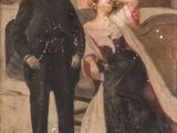 painting of a man standing next to a woman in a black dress
