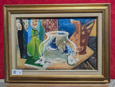 un tableau représentant un vase contenant un poisson