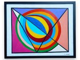 un tableau représentant un motif géométrique coloré, encadré de noir