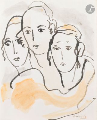a drawing of three women with their faces drawn on a piece of paper