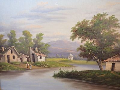 un tableau représentant une scène rurale avec une rivière et des maisons