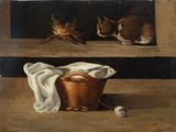 a painting of two cats sitting on a shelf next to a basket of yarn