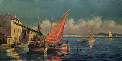 painting of sailboats in a harbor with buildings in the background