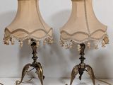 pair of antique brass table lamps with beaded lampshads