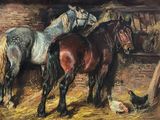 painting of three horses in a barn with chickens and chickens