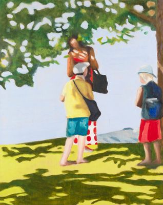 a painting of a group of people standing under a tree