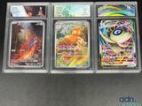 Quatre cartes Pokémon différentes sont exposées dans une vitrine.