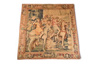 une image représentant une tapisserie sur laquelle figurent un homme à cheval et une femme à cheval
