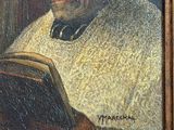 painting of an old man reading a book in a wooden frame