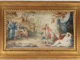 un vieux tableau représentant un homme et une femme dans un décor boisé