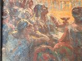 an oil painting of a group of people sitting on a bench