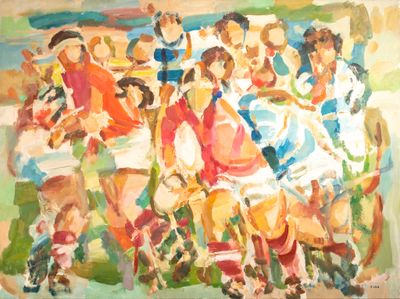 a painting of a group of people on a field