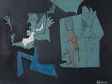 une image représentant un tableau où figurent un homme et une femme sur fond noir