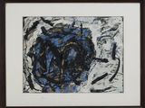 painting of a black and blue abstract painting in a brown frame