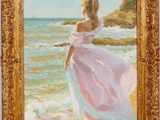 a painting of a woman in a pink dress standing on the beach