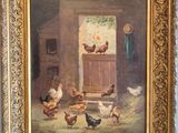 painting of chickens and chickens in a barn by a window