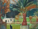 tableau représentant un parc avec des palmiers et des personnes qui se promènent au loin