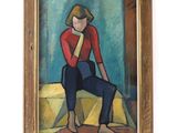 an image of a painting of a woman sitting on a bed