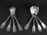 two forks and spoons sitting on a black surface