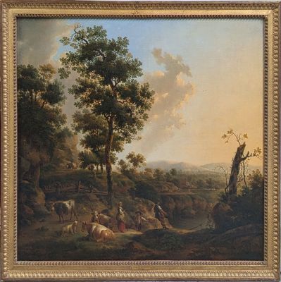 une image représentant un tableau où figurent des personnes et des animaux dans un paysage boisé
