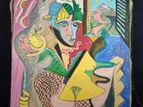 un tableau représentant une femme avec un oiseau sur l'épaule