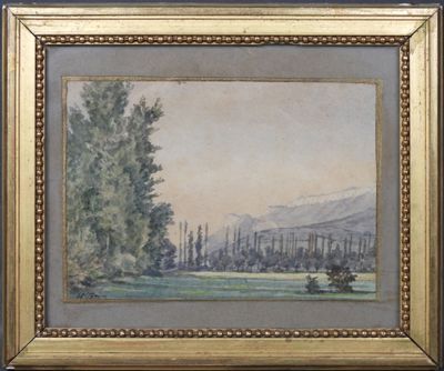 peinture représentant un paysage avec des arbres et des montagnes en arrière-plan