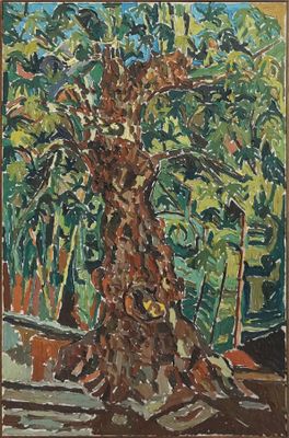 une peinture à l'huile représentant un arbre dans un parc avec un banc