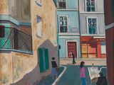 a painting of a man walking a dog down a street