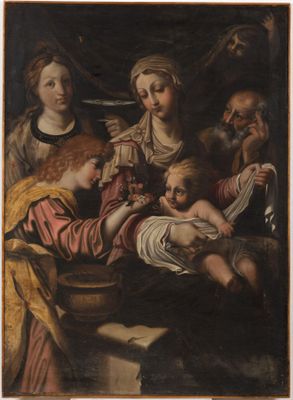an image of a painting of a group of people with a baby