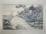 a black and white drawing of a boat on the water