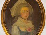 un vieux tableau représentant une femme coiffée d'un chapeau blanc et vêtue d'une robe bleue