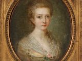 a painting of a woman in a white dress with a flower in her hair